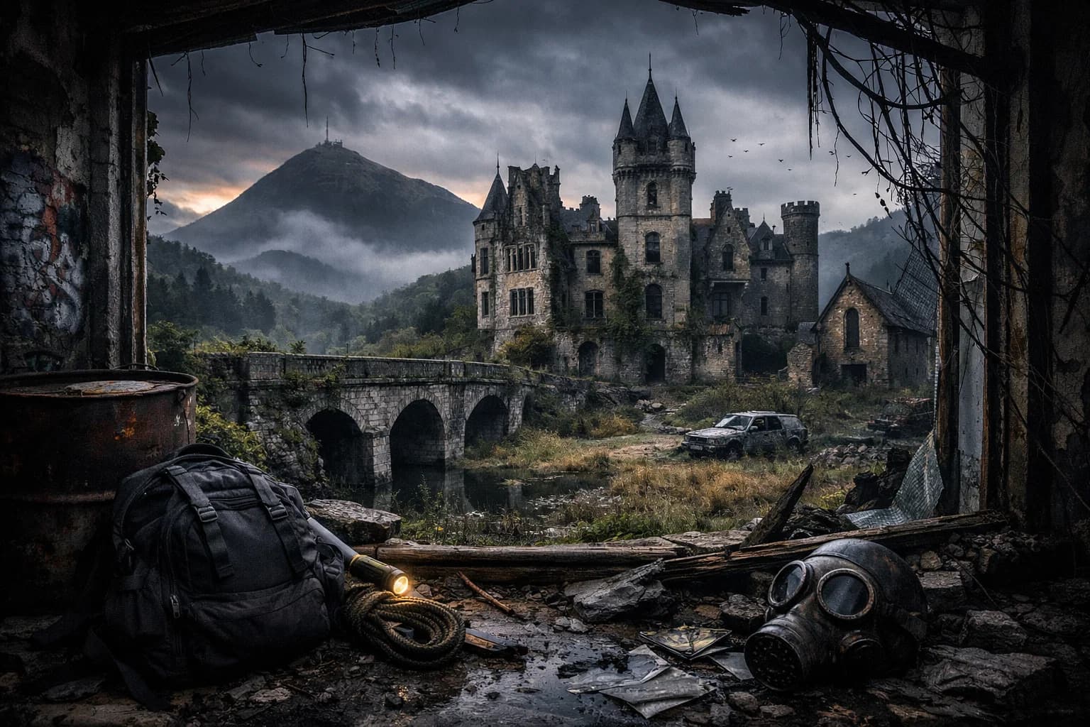 Château abandonné dans la brume